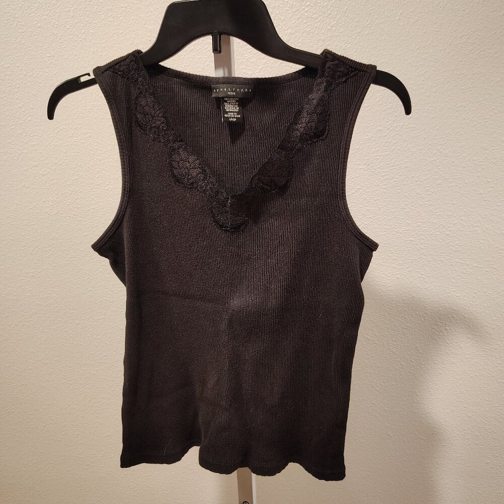 Apostrophe Women's Black Ribbed Tank Top Size LP Large Petite Cotton